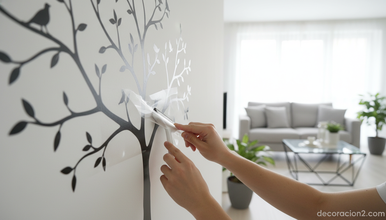 Proceso de colocación de vinilo decorativo en pared blanca con espátula