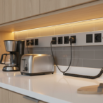 Close-up of modern kitchen electrical outlets strip installed under overhead cabinets in a kitchen r