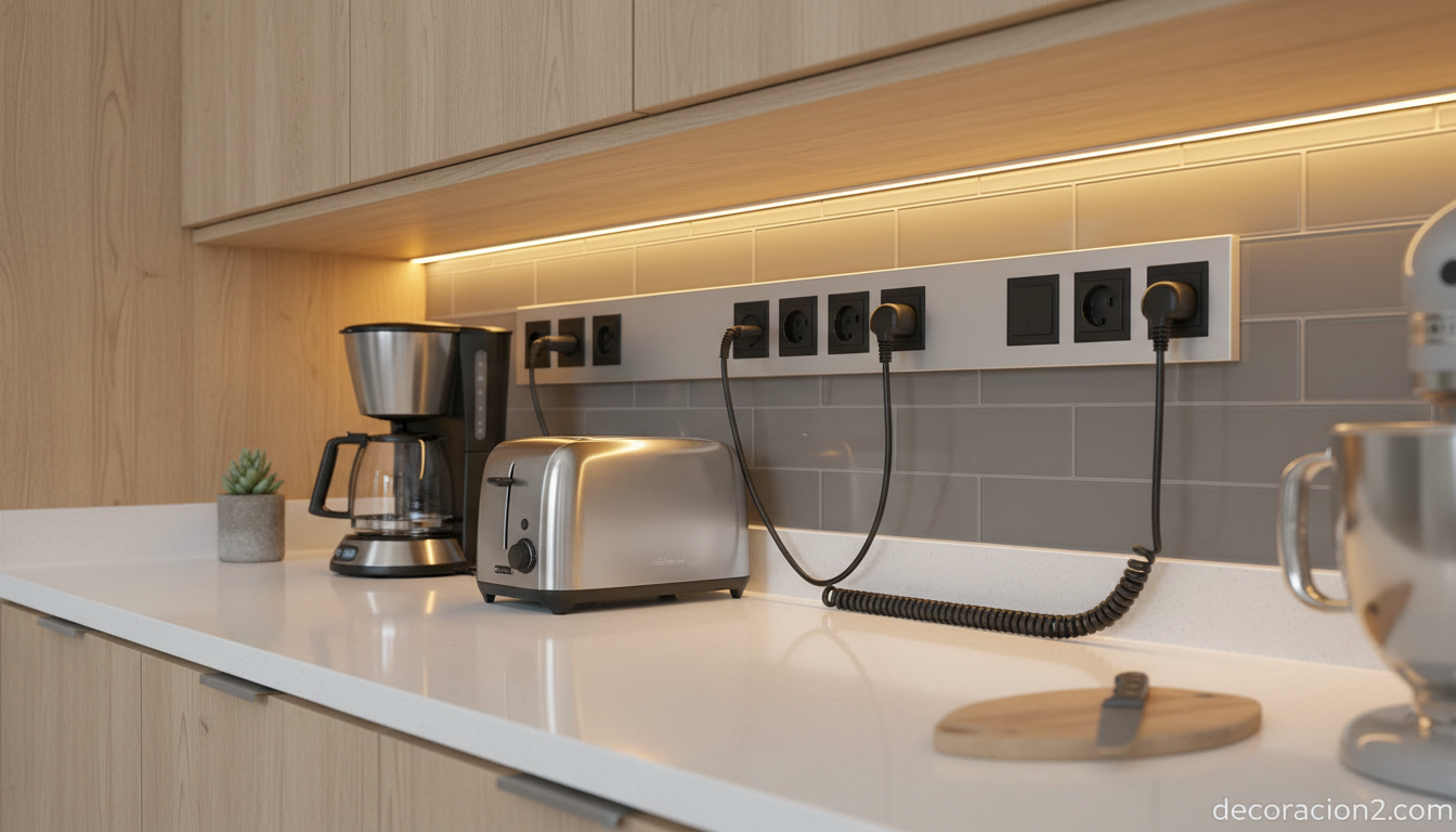 Regleta de enchufes bajo muebles altos en cocina moderna