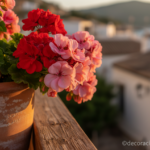 Close-up of vibrant red and pink geranium flowers in a rustic terracotta pot on a sunny balcony rail