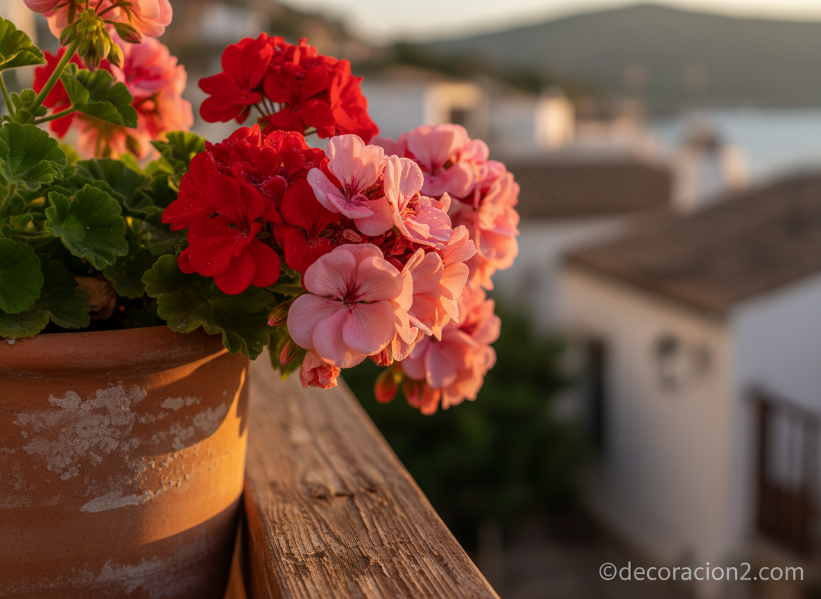 10 plantas de flores para primavera fáciles de cuidar en tu jardín o terraza 1 Geranios rojos y rosas en maceta de barro en un balcón soleado