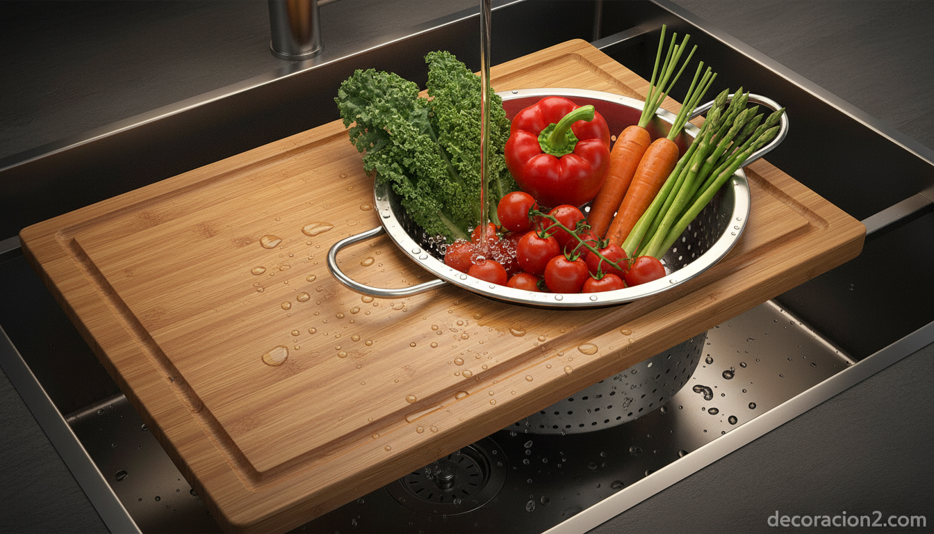 Detalle de fregadero multifunción con tabla de cortar y colador integrados