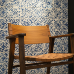 Close-up shot of a Portuguese contemporary designer chair at a trade fair booth, elegant ceramic til