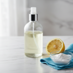 Close-up still life photography of a clear glass spray bottle filled with vinegar and water solution