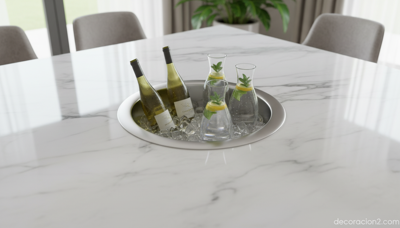 Detalle de nevera central emergente en mesa de mármol Smart Table