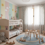 Colorful children’s bedroom with cute animal vinyl wall stickers including forest animals, trees and
