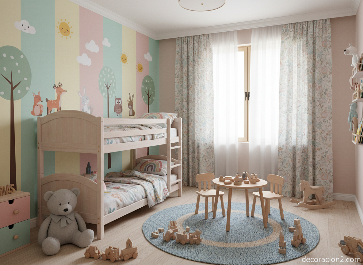 Habitación infantil decorada con vinilos de animales del bosque en pared pastel