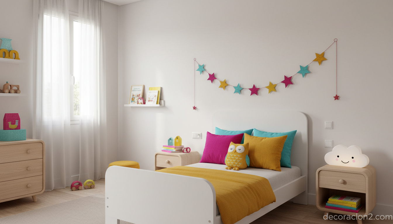 Habitación infantil con textiles en tonos vivos fucsia mostaza y turquesa con peluche búho