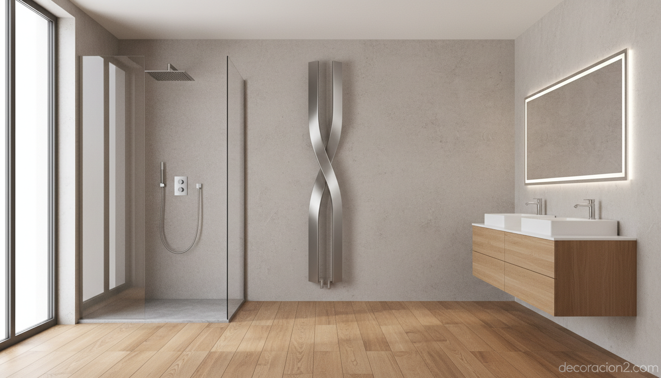 Radiador de diseño vertical en baño minimalista contemporáneo