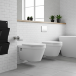 Contemporary bathroom with a black neoprene wall magazine rack with three compartments hanging on a