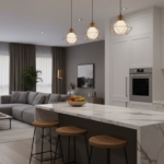 Contemporary kitchen peninsula with breakfast bar, three modern stools in black metal and natural wo
