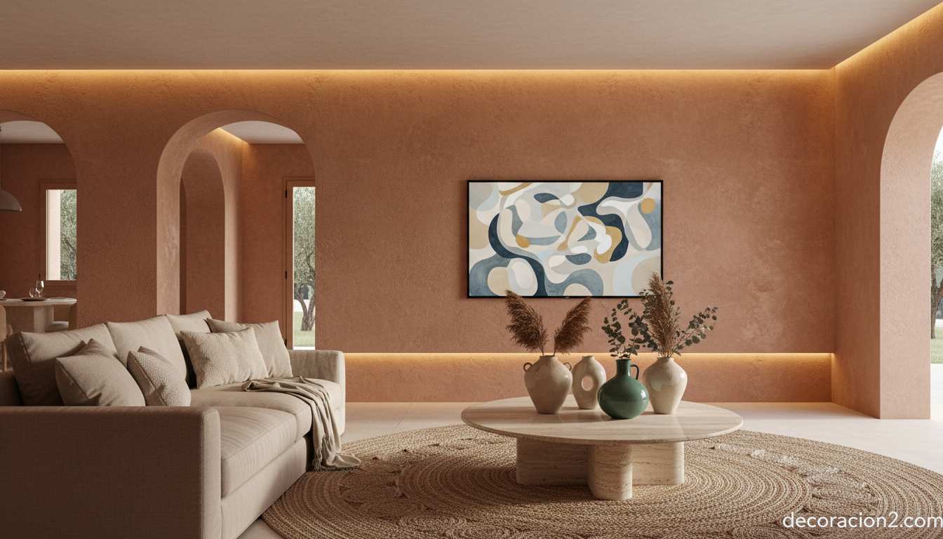 Salón mediterráneo con televisor ecológico integrado como cuadro en la pared