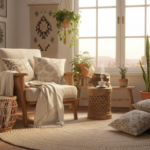 Cozy boho style reading corner with a handmade wicker basket magazine holder beside a wooden armchai