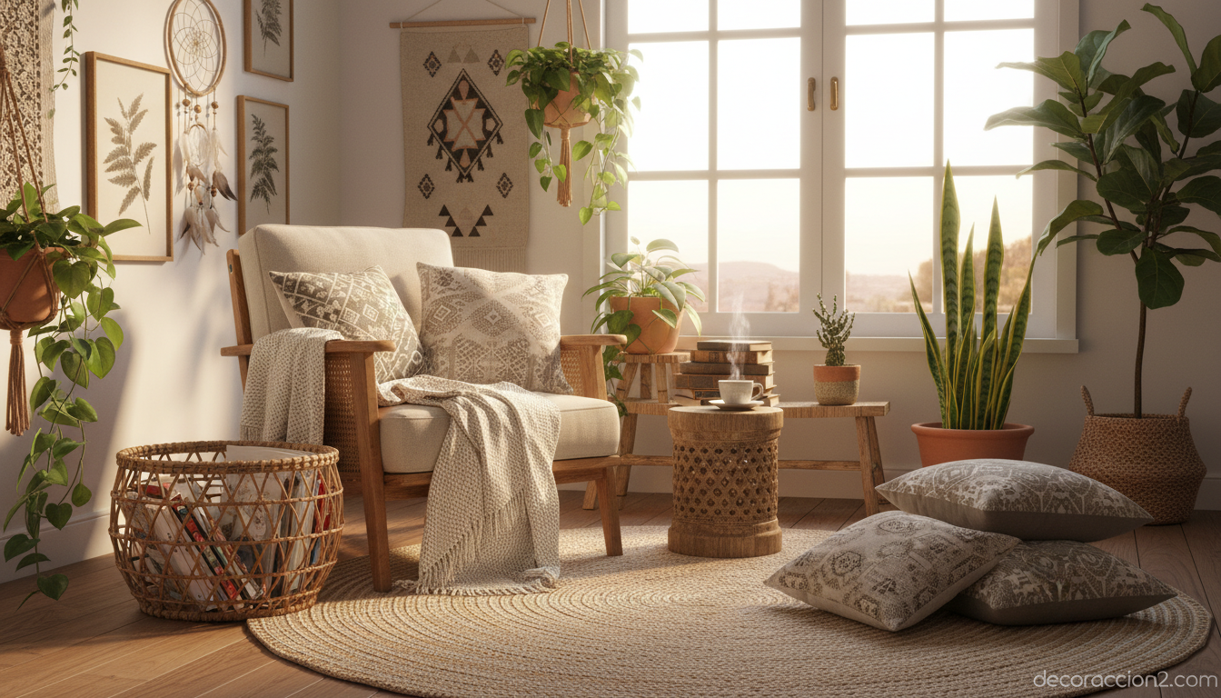 Revistero de mimbre artesanal junto a sillón en rincón de lectura boho