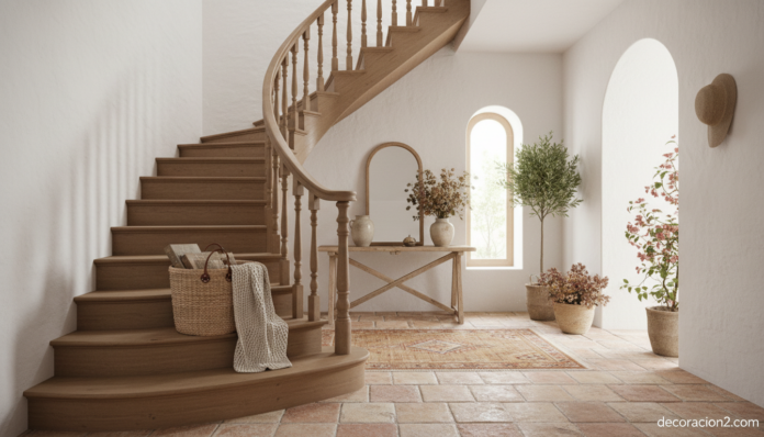 Cesta de rattán natural con manta y libros en el primer peldaño de una escalera de madera