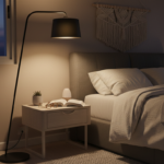 Cozy home bedroom nightstand scene with a tall floor lamp standing beside a grey upholstered bed, op