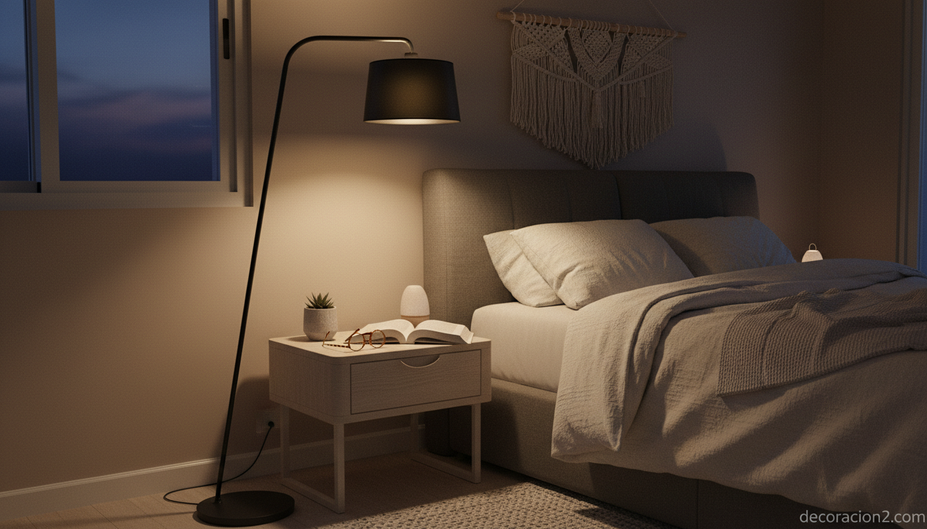 Lámpara de pie en un dormitorio con libro y mesilla de noche