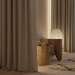 Cozy Japandi bedroom corner with a heavy floor-to-ceiling linen curtain acting as a room divider, so