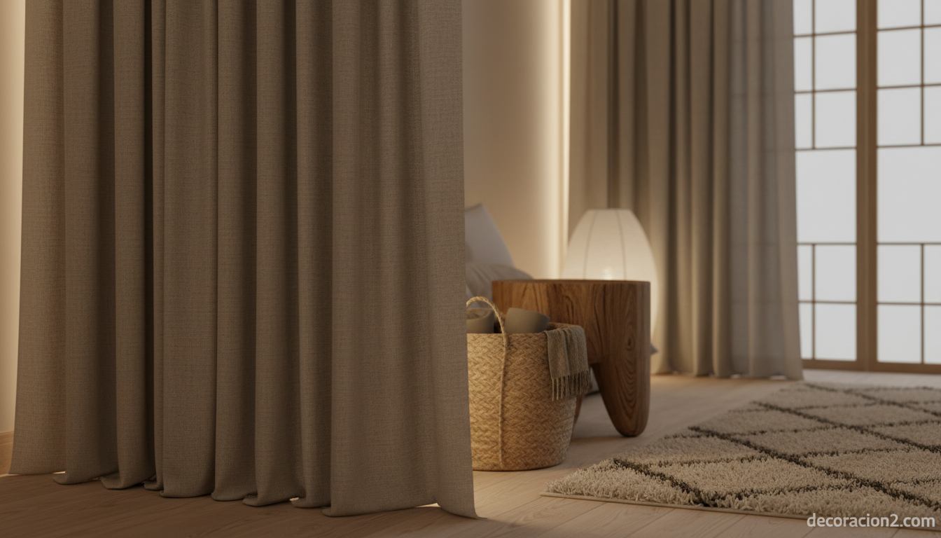 Pared de quita y pon textil con cortina pesada tipo japandí en un dormitorio zen