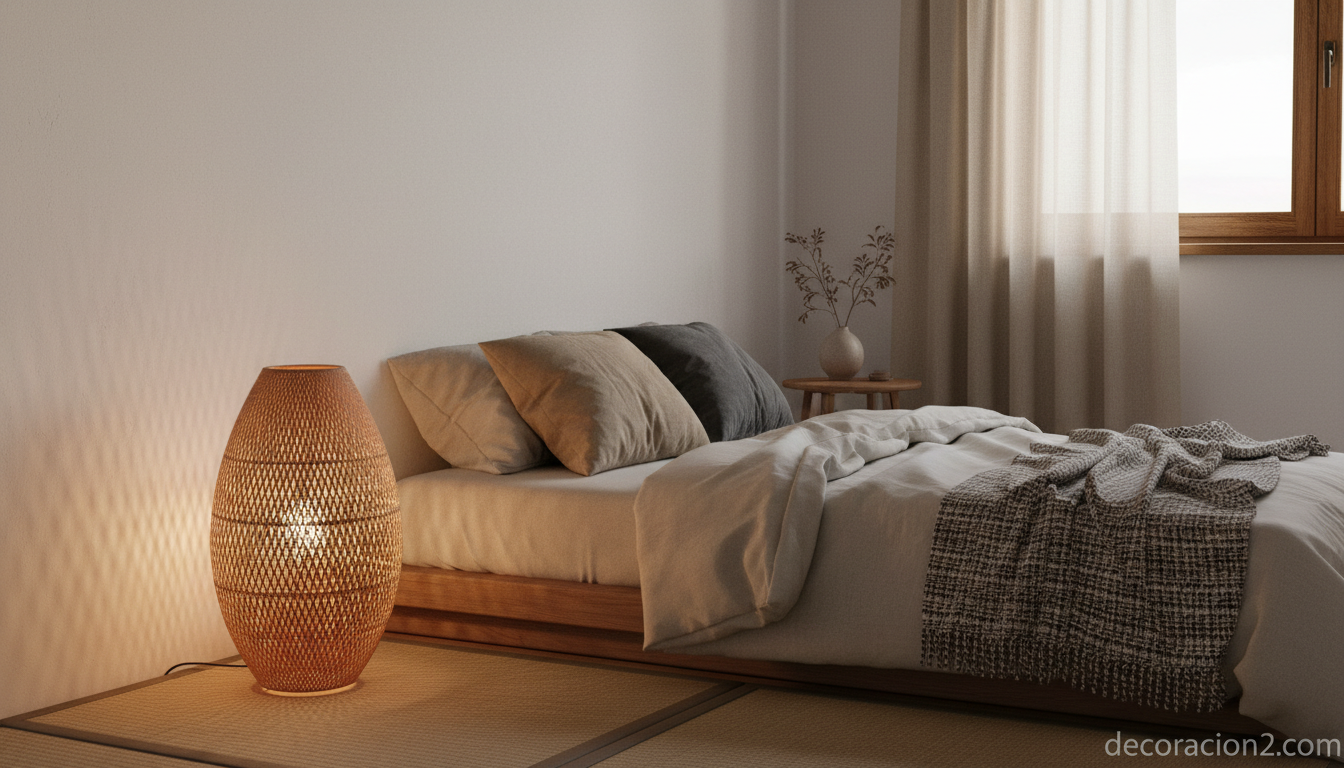 Lámpara Gotas de lluvia en suelo de dormitorio japandi con luz ámbar