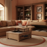 Cozy living room corner with a multifunctional coffee table that lifts up, hidden storage sofa, and