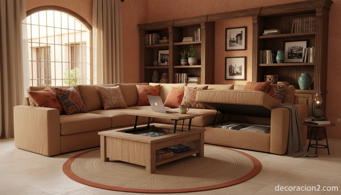 Salón con mesa de centro elevable y muebles con almacenaje oculto