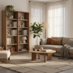 Cozy living room with upholstered wooden furniture, bouclé fabric armchair next to oak bookshelf, w