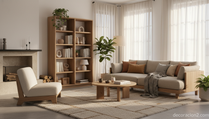 Salón acogedor con muebles de madera tapizados en tela bouclé de estilo nórdico