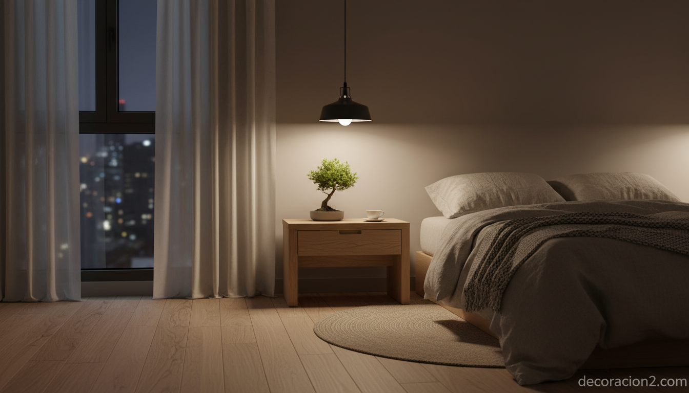 Lámpara minimalista colgante en dormitorio japandi