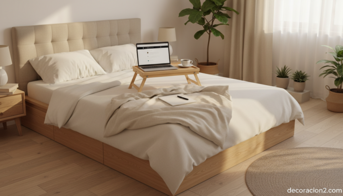 Escritorio para la cama de madera con portátil y café en dormitorio luminoso