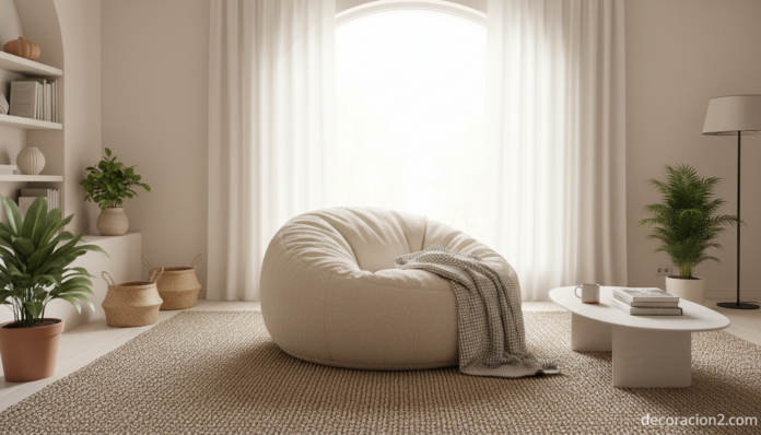 Puff gigante redondo XXL en salón nórdico con alfombra de yute