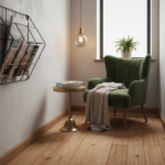 Cozy reading corner in a narrow hallway with a geometric wire wall magazine rack painted in matte bl