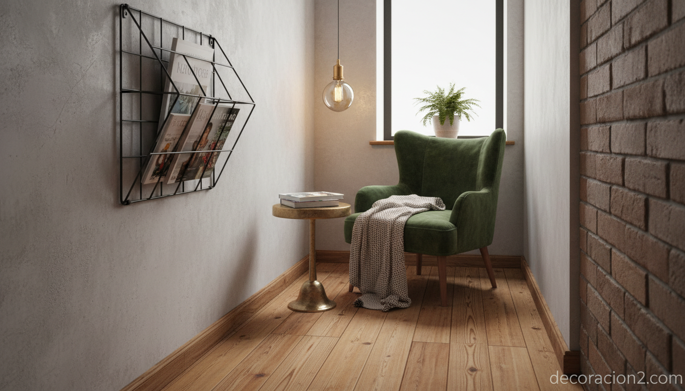 Revistero de pared de alambre en pasillo estilo industrial