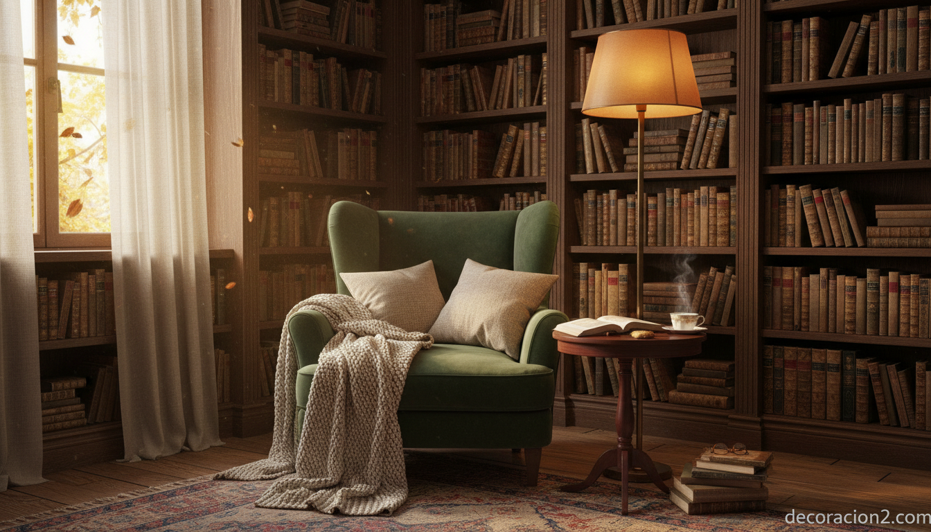 Rincón de lectura clásico con sillón y biblioteca empotrada