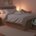 Cozy Scandinavian-style bedroom in the evening with warm amber lamplight, a person’s feet relaxing u