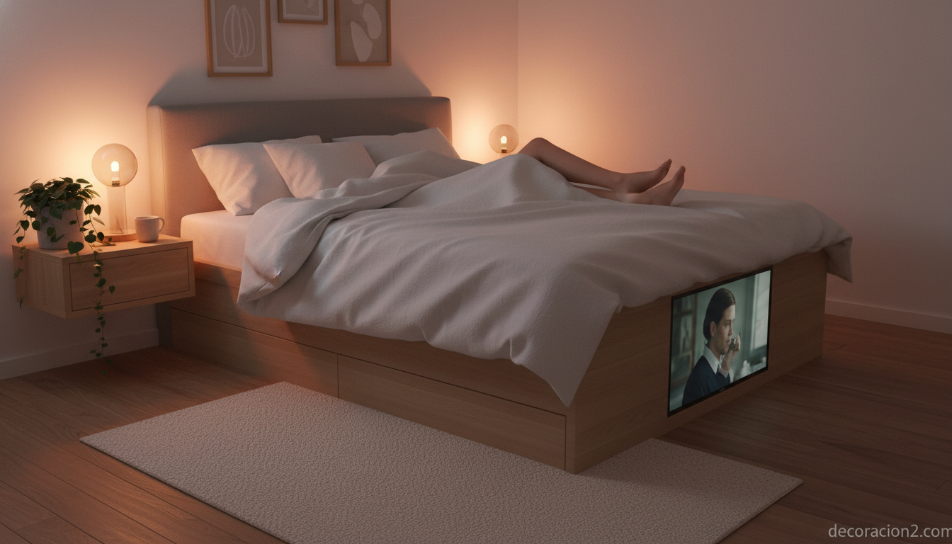 Dormitorio nórdico con cama con TV integrada de noche