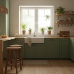 Cozy small L-shape kitchen with integrated breakfast bar and two wooden bar stools, tall cabinets re