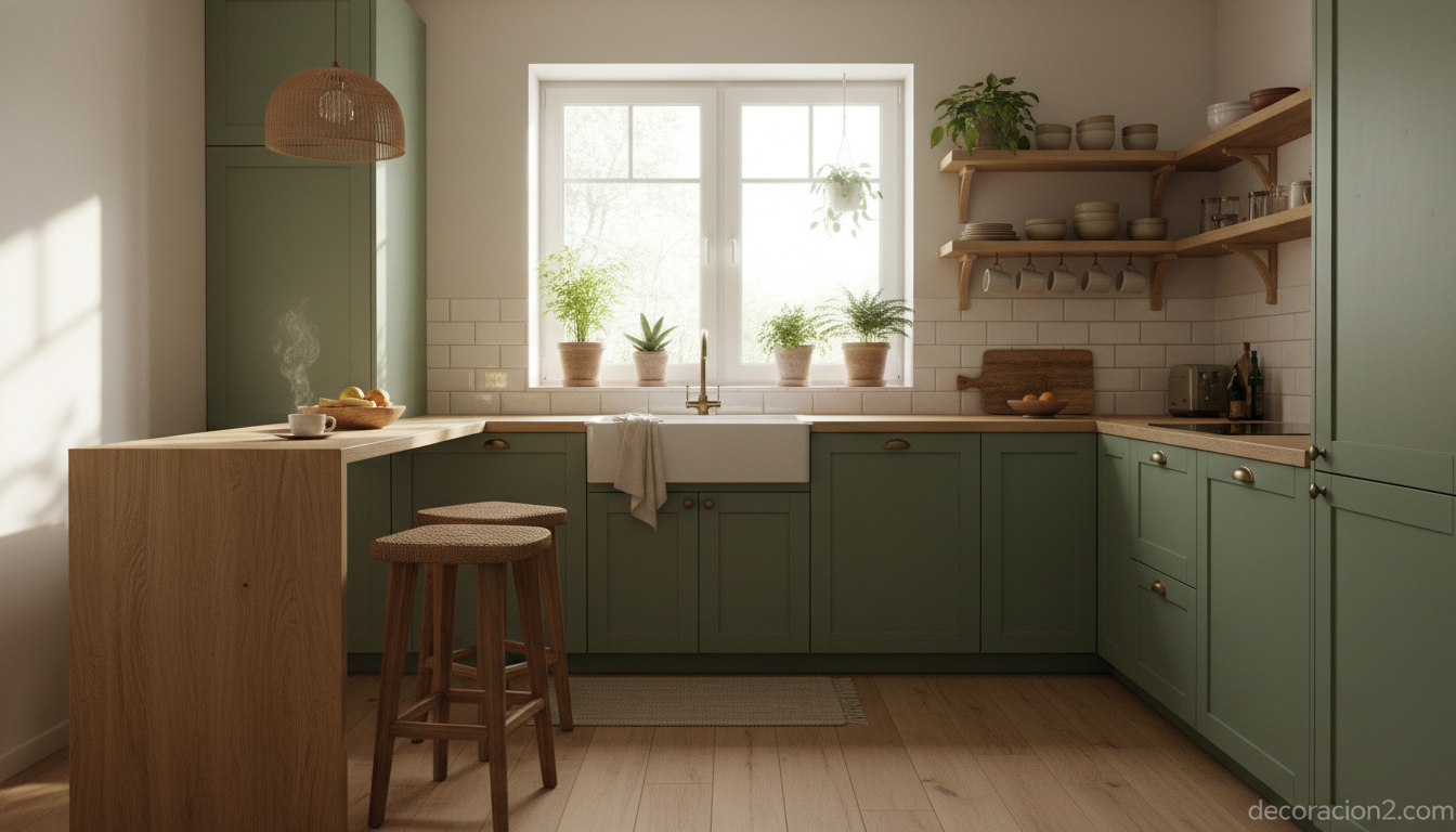 Cocina pequeña en L con barra de desayuno integrada