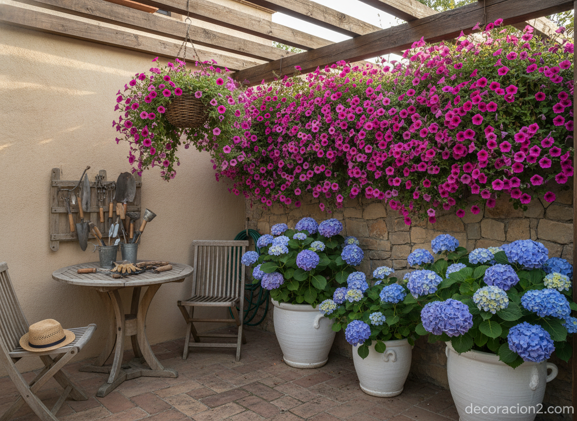 10 plantas de flores para primavera fáciles de cuidar en tu jardín o terraza 3 Rincón de terraza con hortensias azules y surfinias colgantes