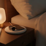 Cozy warm bedroom nightstand scene with a circular wireless Qi charging pad in soft white ceramic finish, a smartphone and…