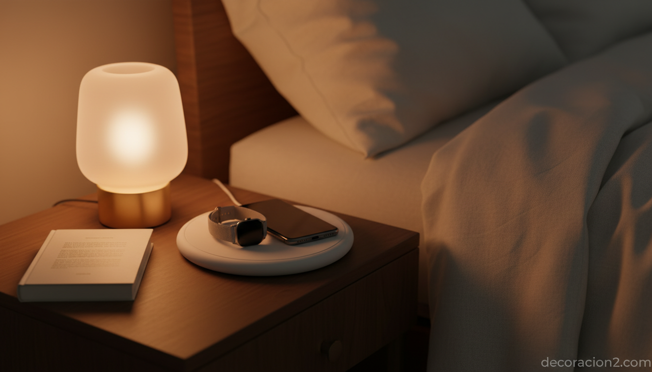 Cargador inalámbrico en mesita de noche con iluminación cálida