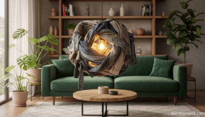 Lámpara colgante de ropa reciclada con camisas y pantalones en salón moderno