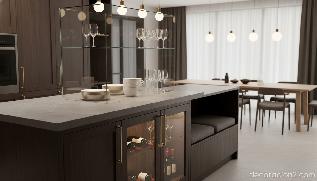 Detalle de isla de cocina con vitrina integrada que conecta cocina y comedor
