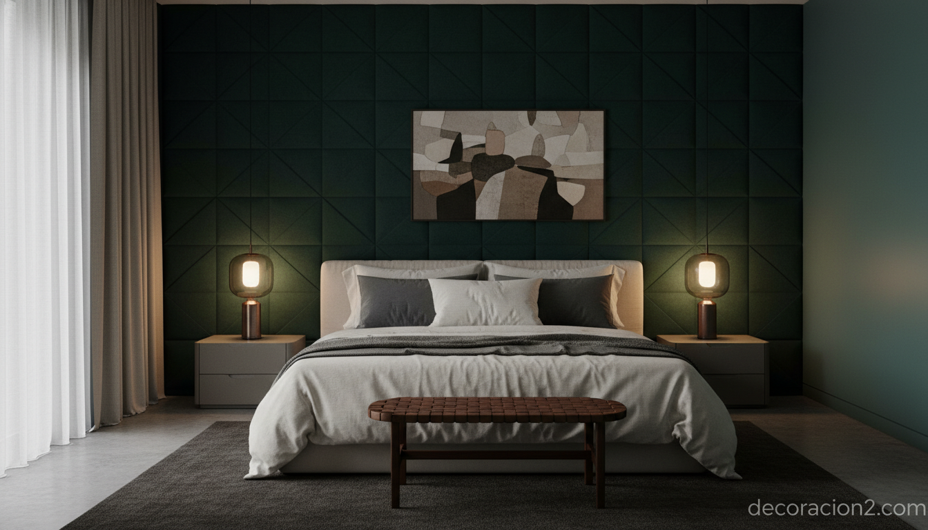 Dormitorio con pared tridimensional en cabecero con paneles tapizados en verde