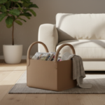Elegant beige full-grain leather magazine holder with two side handles, placed beside a modern cream
