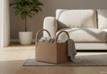 Revistero de piel beige junto a un sofá en un salón moderno