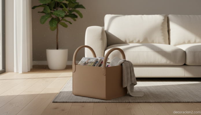 Revistero de piel beige junto a un sofá en un salón moderno