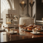 Elegant breakfast scene on a wooden kitchen island in a classic art deco style kitchen, with a luxur