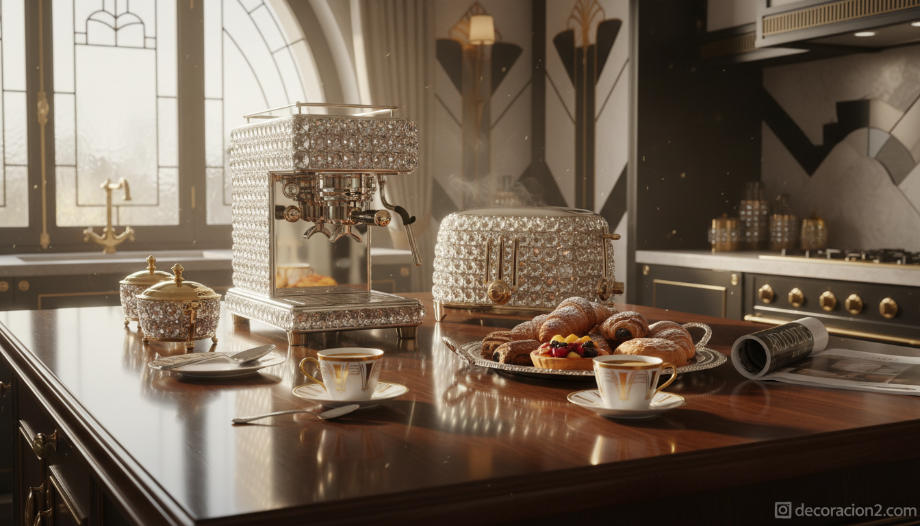Desayuno elegante en cocina art decó con electrodomésticos de cristal