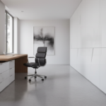 Elegant contemporary home office with modular Italian-designed cabinets in glossy white lacquer featuring diagonal oblique…